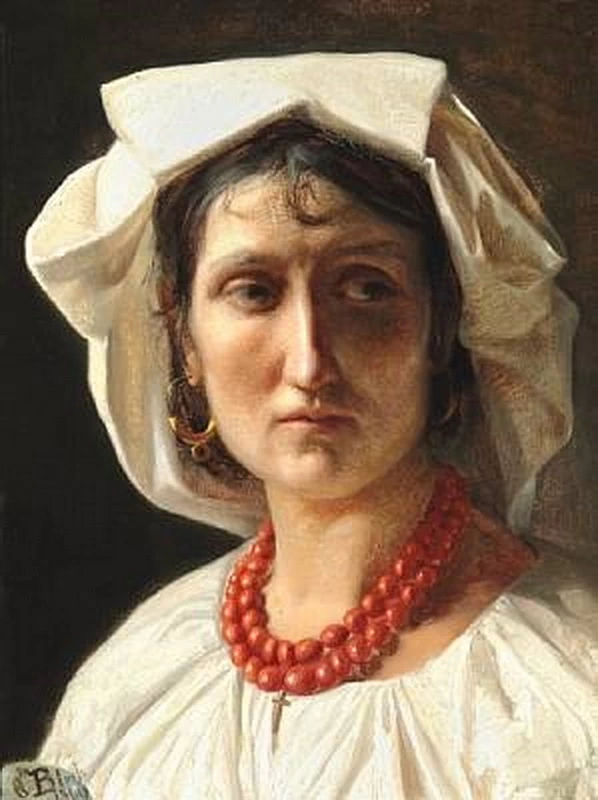 Ritratto di giovane donna italiana con cuffia bianca e collana di corallo con croce